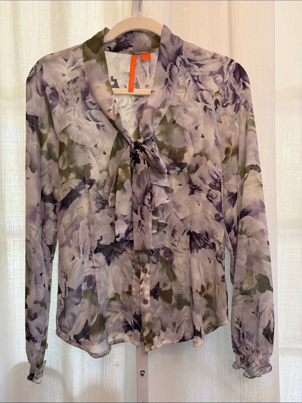 Always Sunny by Sunny Leigh Lavender and Olive Floral Tie-Neck Blouse